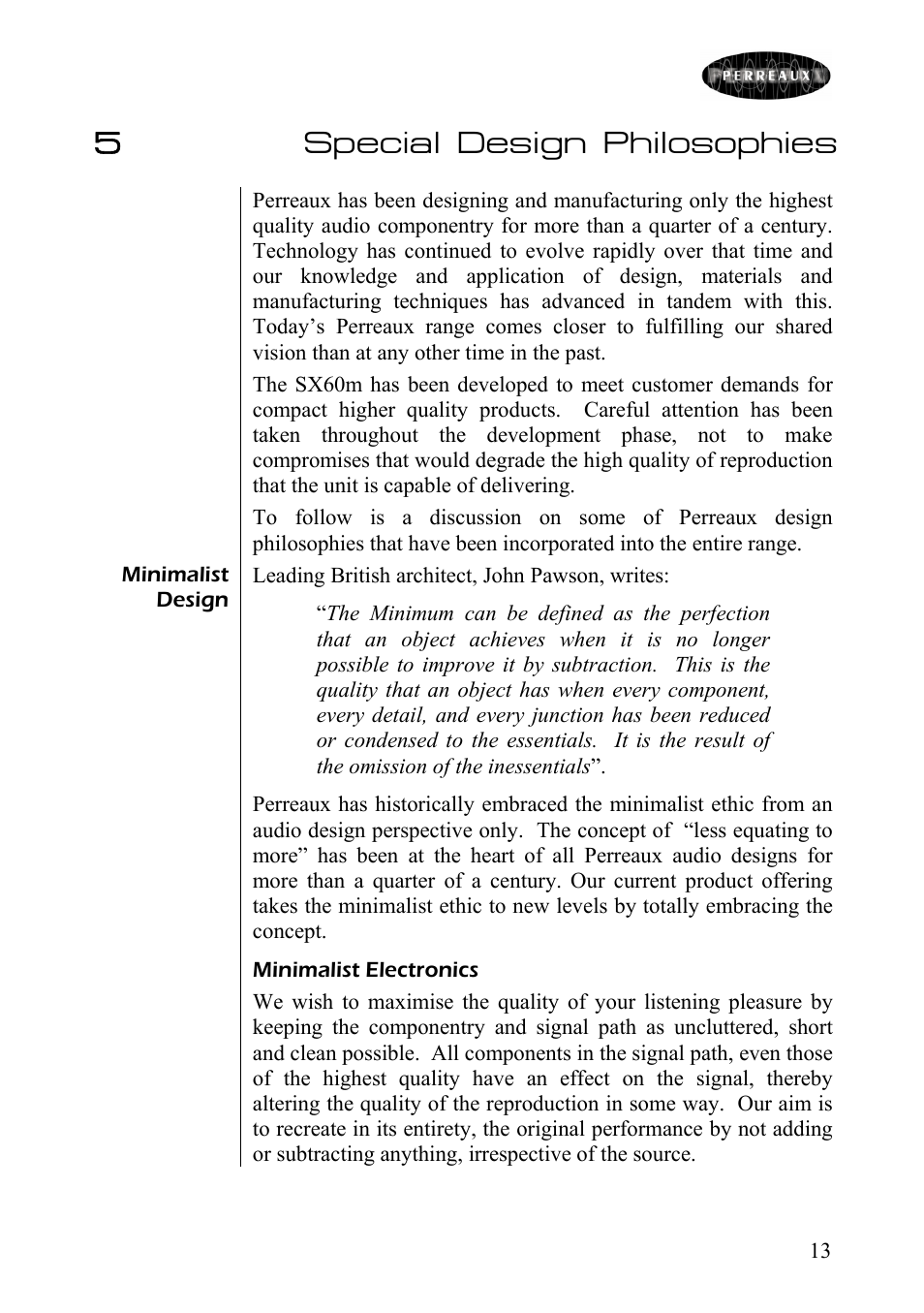 Special design philosophies, 5special design philosophies | Perreaux SX60m User Manual | Page 14 / 28