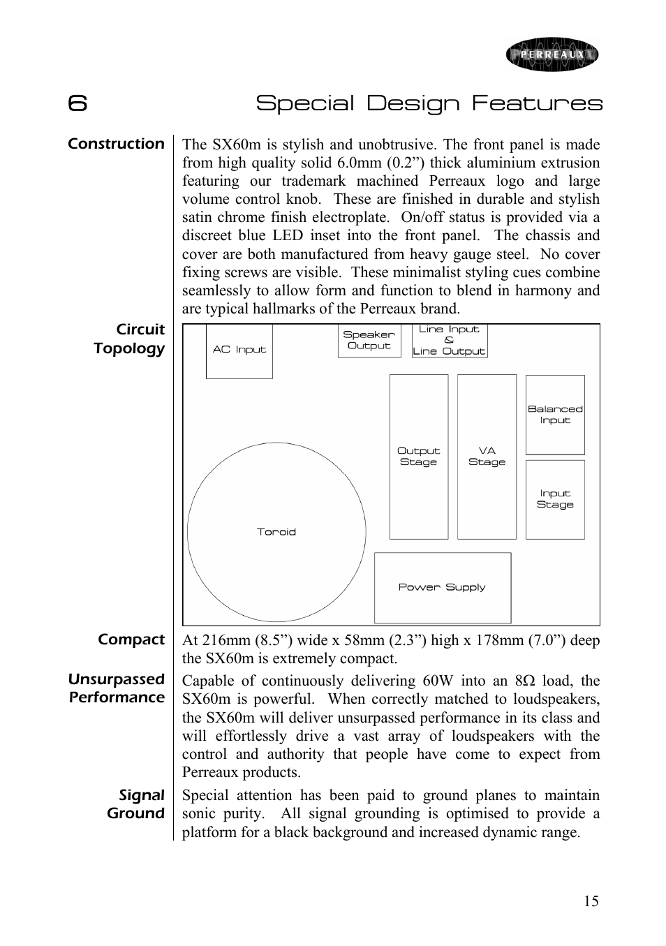 Special design features, 6special design features | Perreaux SX60m User Manual | Page 16 / 28