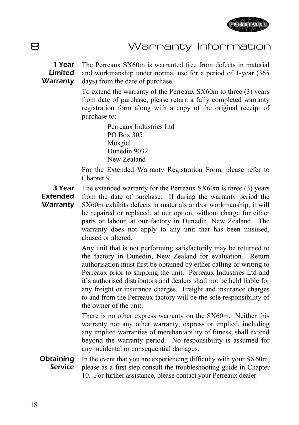 Warranty information, 8 warranty information | Perreaux SX60m User Manual | Page 19 / 28