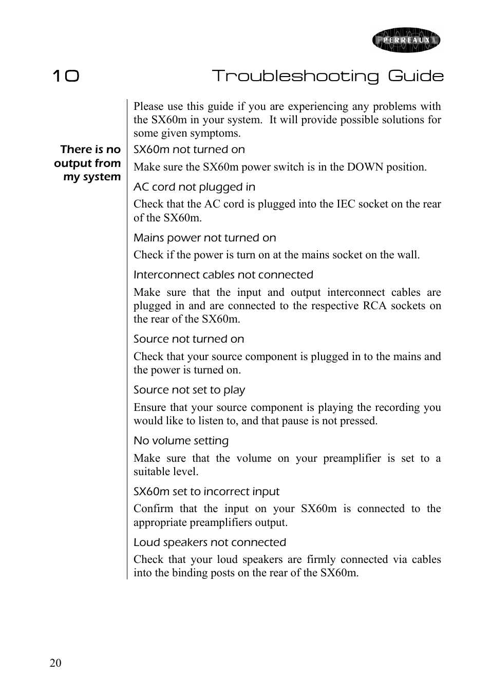 Troubleshooting guide, 10 troubleshooting guide | Perreaux SX60m User Manual | Page 21 / 28