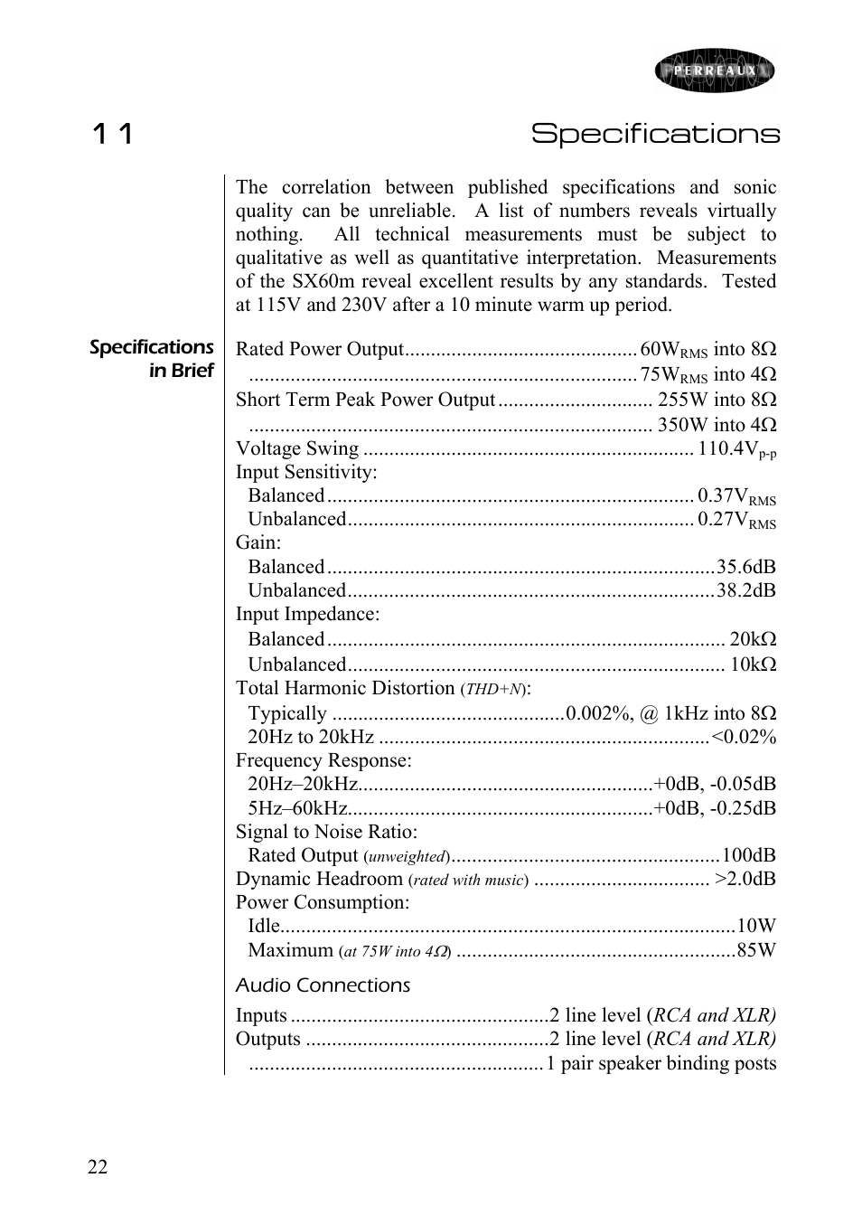 Specifications, 11 specifications | Perreaux SX60m User Manual | Page 23 / 28