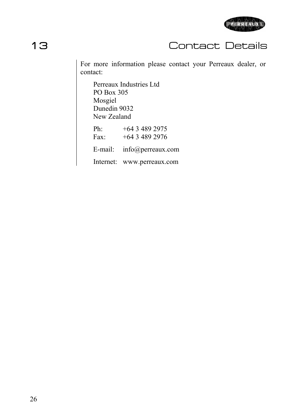 Contact details, 13 contact details | Perreaux SX60m User Manual | Page 27 / 28