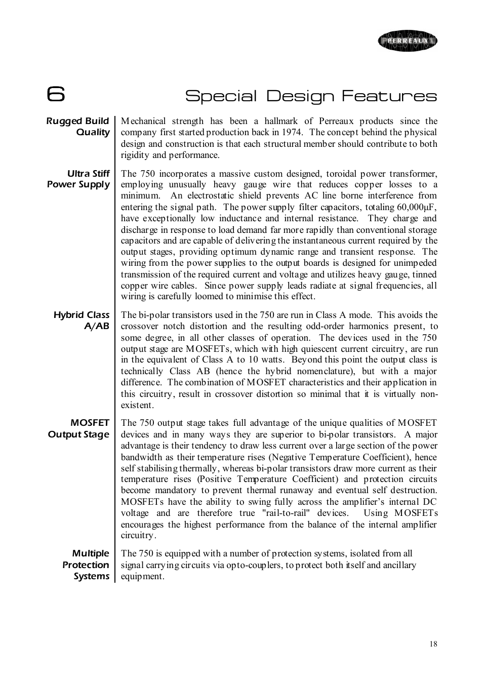 Special design, Features | Perreaux 750 User Manual | Page 18 / 38