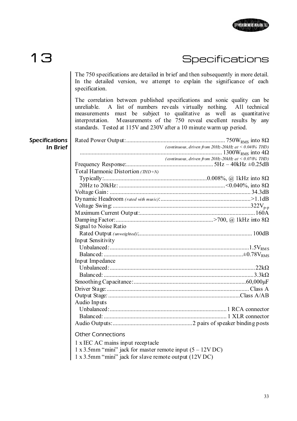 Specifications | Perreaux 750 User Manual | Page 33 / 38
