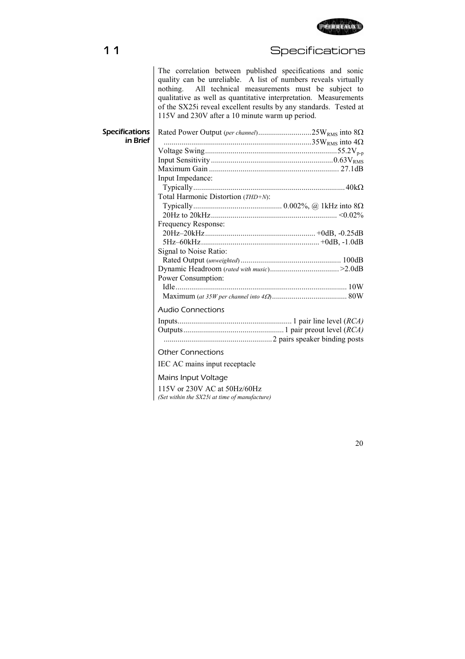 11 specifications | Perreaux 25W Integrated Amplifier SX25i User Manual | Page 21 / 26