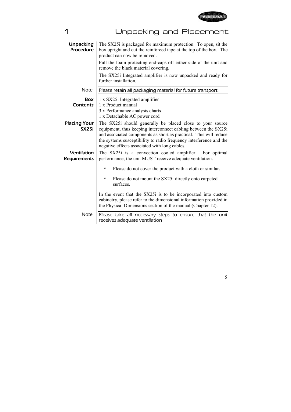 1unpacking and placement | Perreaux 25W Integrated Amplifier SX25i User Manual | Page 6 / 26
