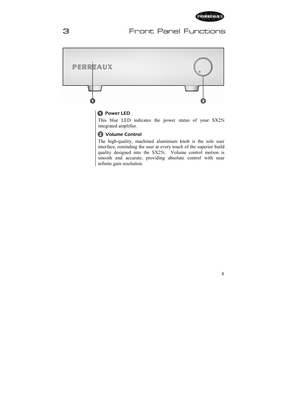 3front panel functions | Perreaux 25W Integrated Amplifier SX25i User Manual | Page 9 / 26