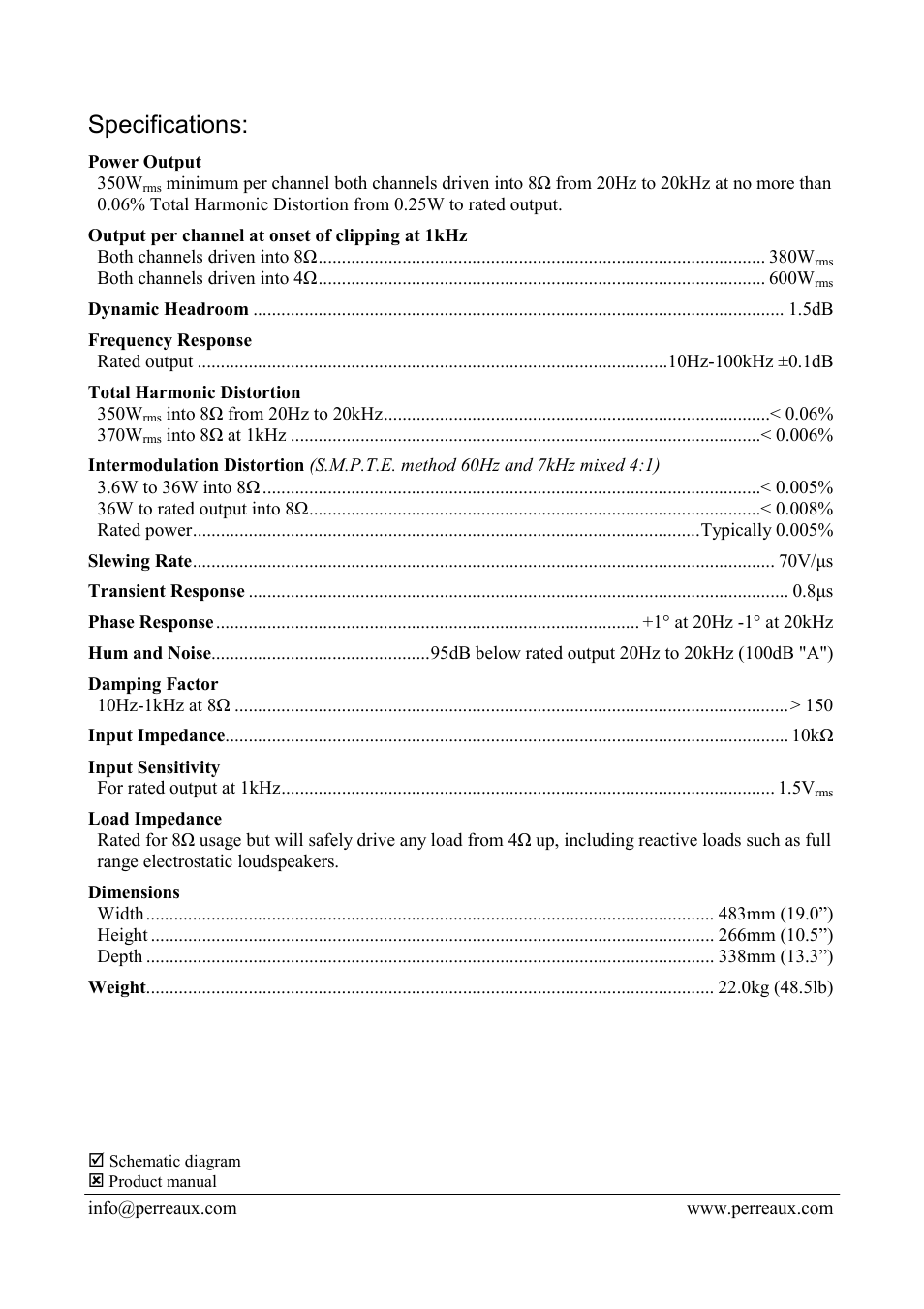 Specifications | Perreaux PMF4000A User Manual | Page 2 / 2