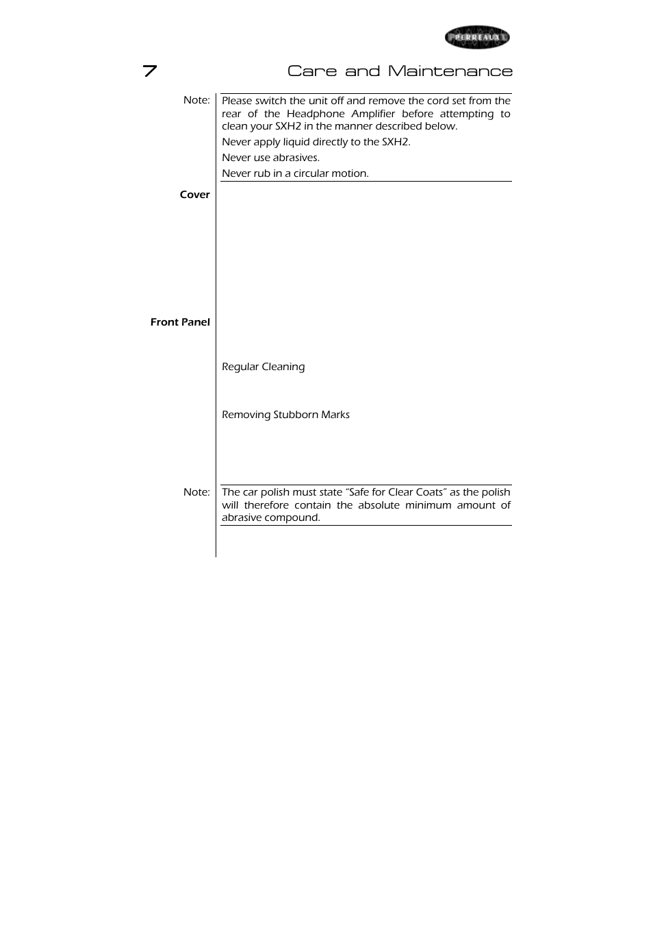 7care and maintenance | Perreaux SXH2 User Manual | Page 17 / 27