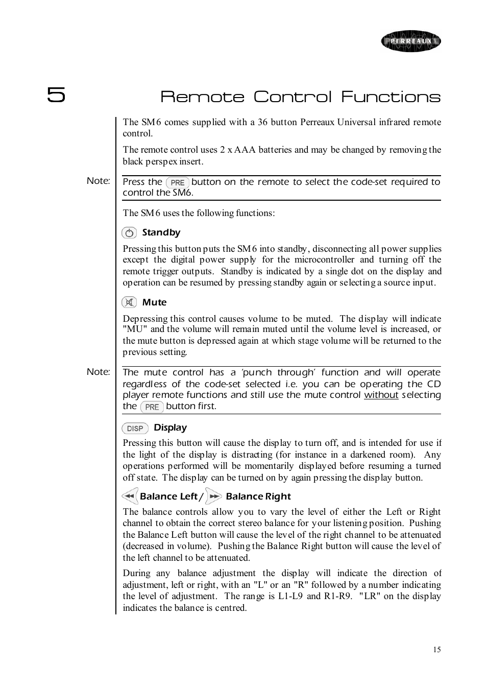 Remote control functions | Perreaux SM6 MKII User Manual | Page 15 / 37