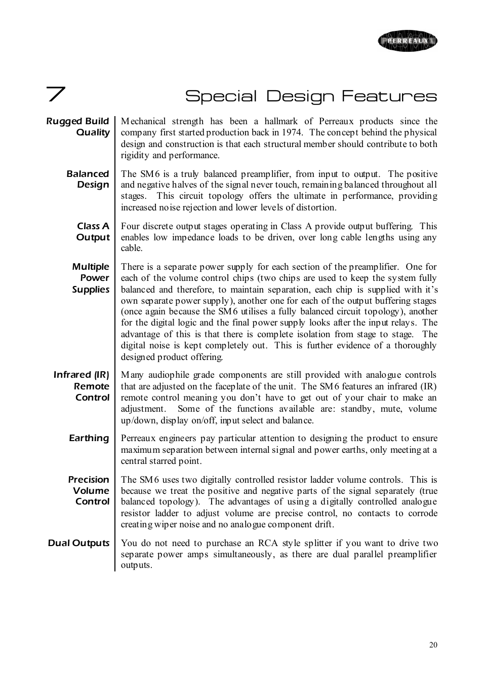 Special design, Features | Perreaux SM6 MKII User Manual | Page 20 / 37