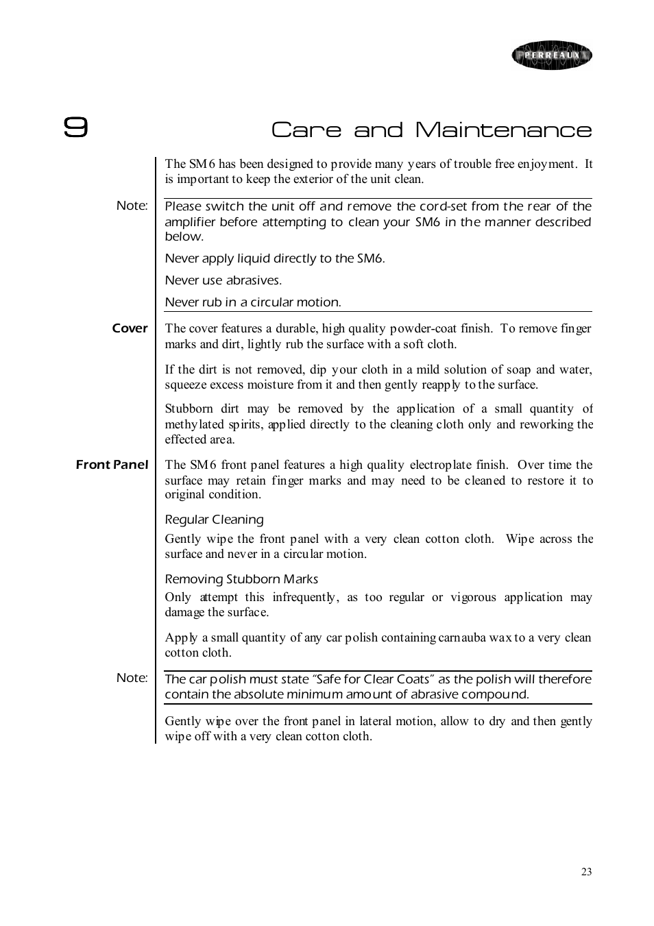 Care and maintenance | Perreaux SM6 MKII User Manual | Page 23 / 37