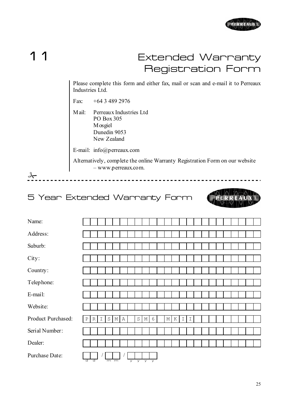 Extended warranty registration form, 5 year extended warranty form | Perreaux SM6 MKII User Manual | Page 25 / 37