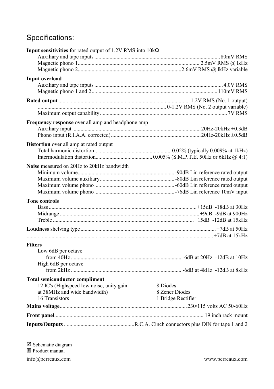 Specifications | Perreaux SP100A User Manual | Page 2 / 2