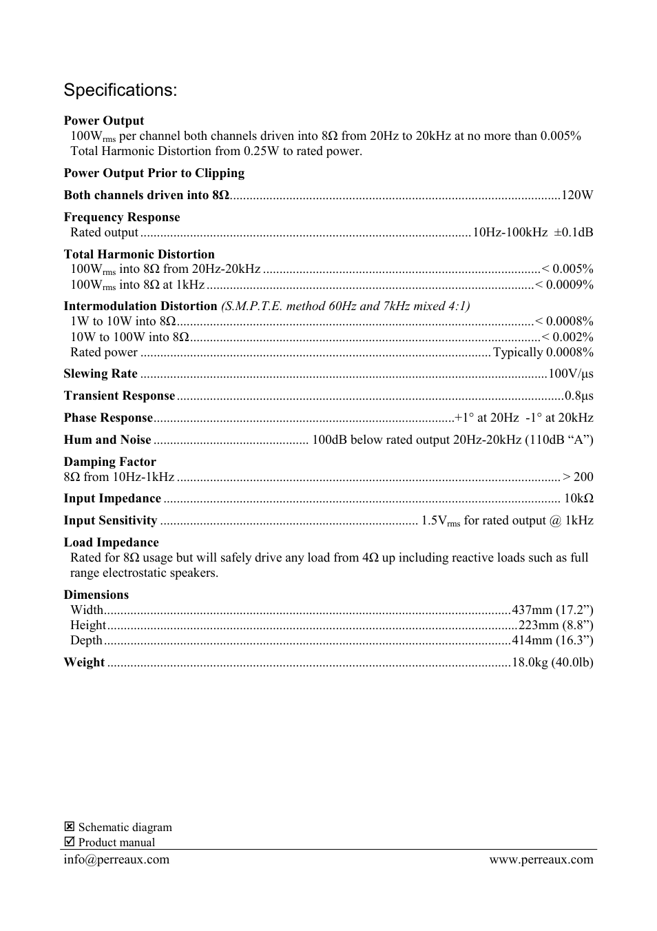 Specifications | Perreaux PMF100 User Manual | Page 2 / 2