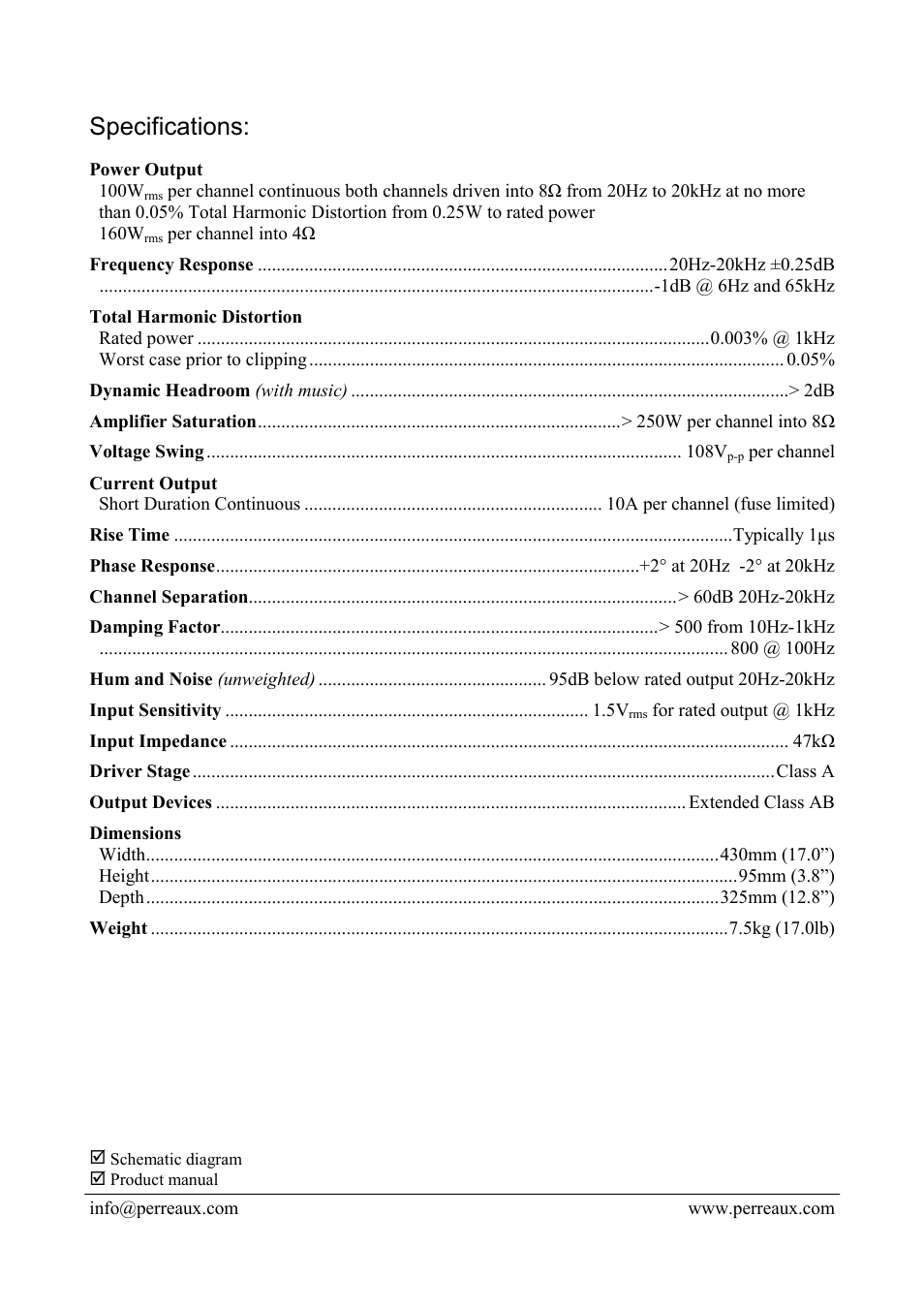 Specifications | Perreaux E110 User Manual | Page 2 / 2