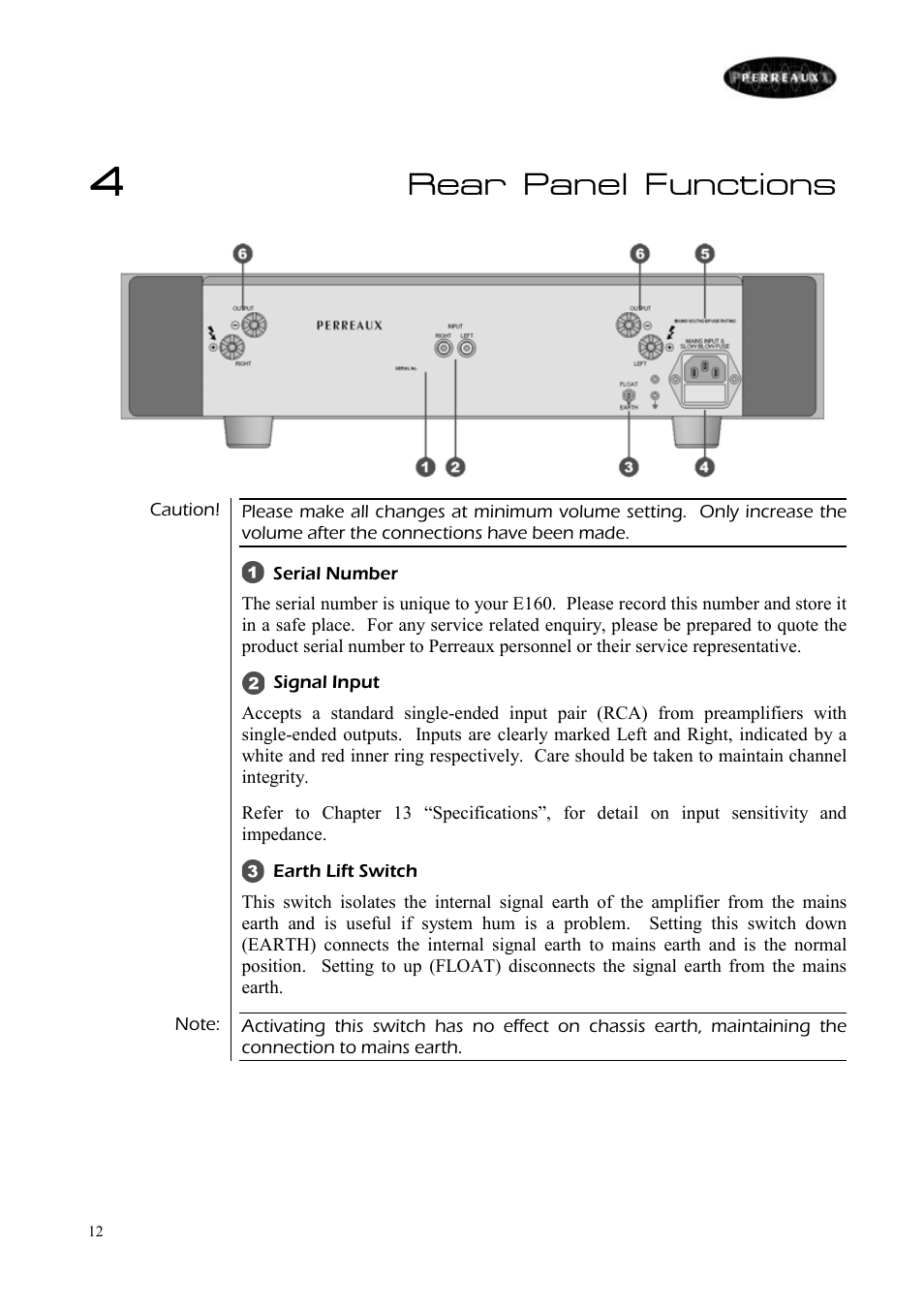 Rear panel functions | Perreaux E160 User Manual | Page 13 / 38