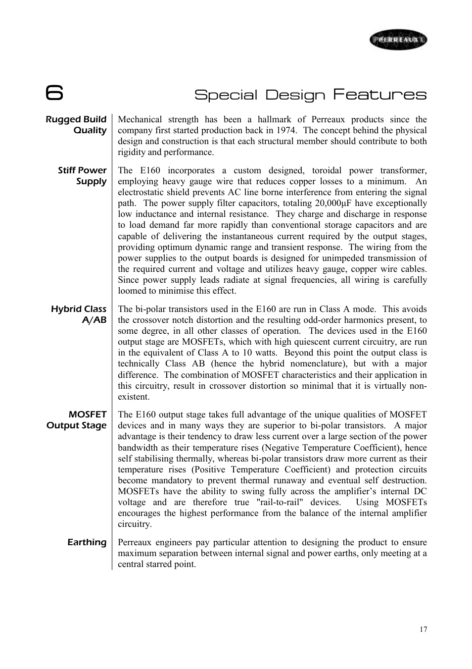 Features, Special design | Perreaux E160 User Manual | Page 18 / 38