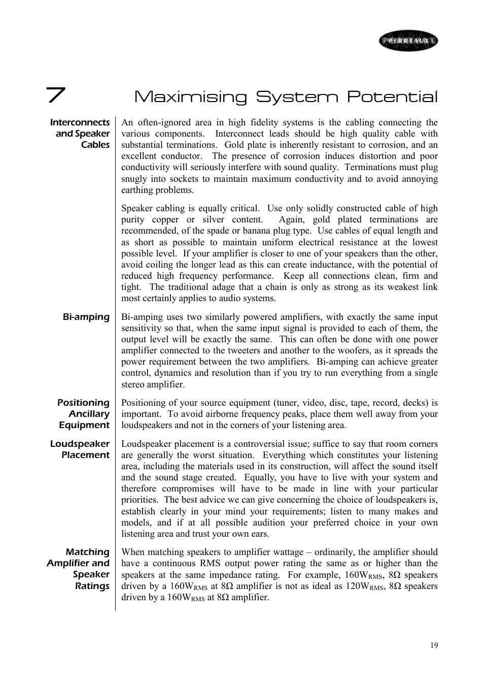 Maximising system potential | Perreaux E160 User Manual | Page 20 / 38
