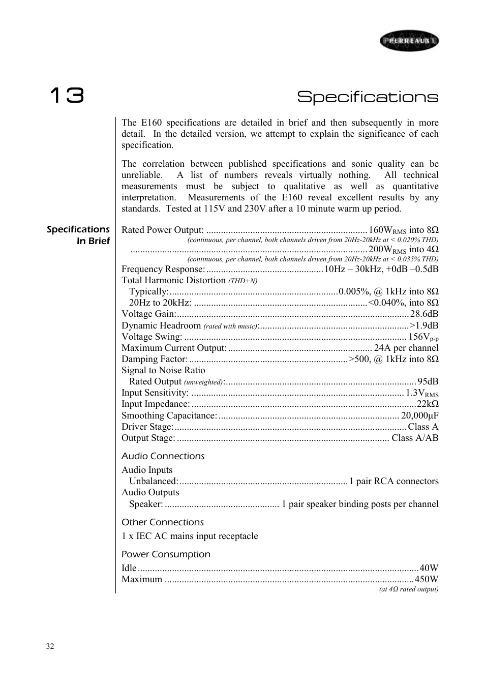 Specifications | Perreaux E160 User Manual | Page 33 / 38