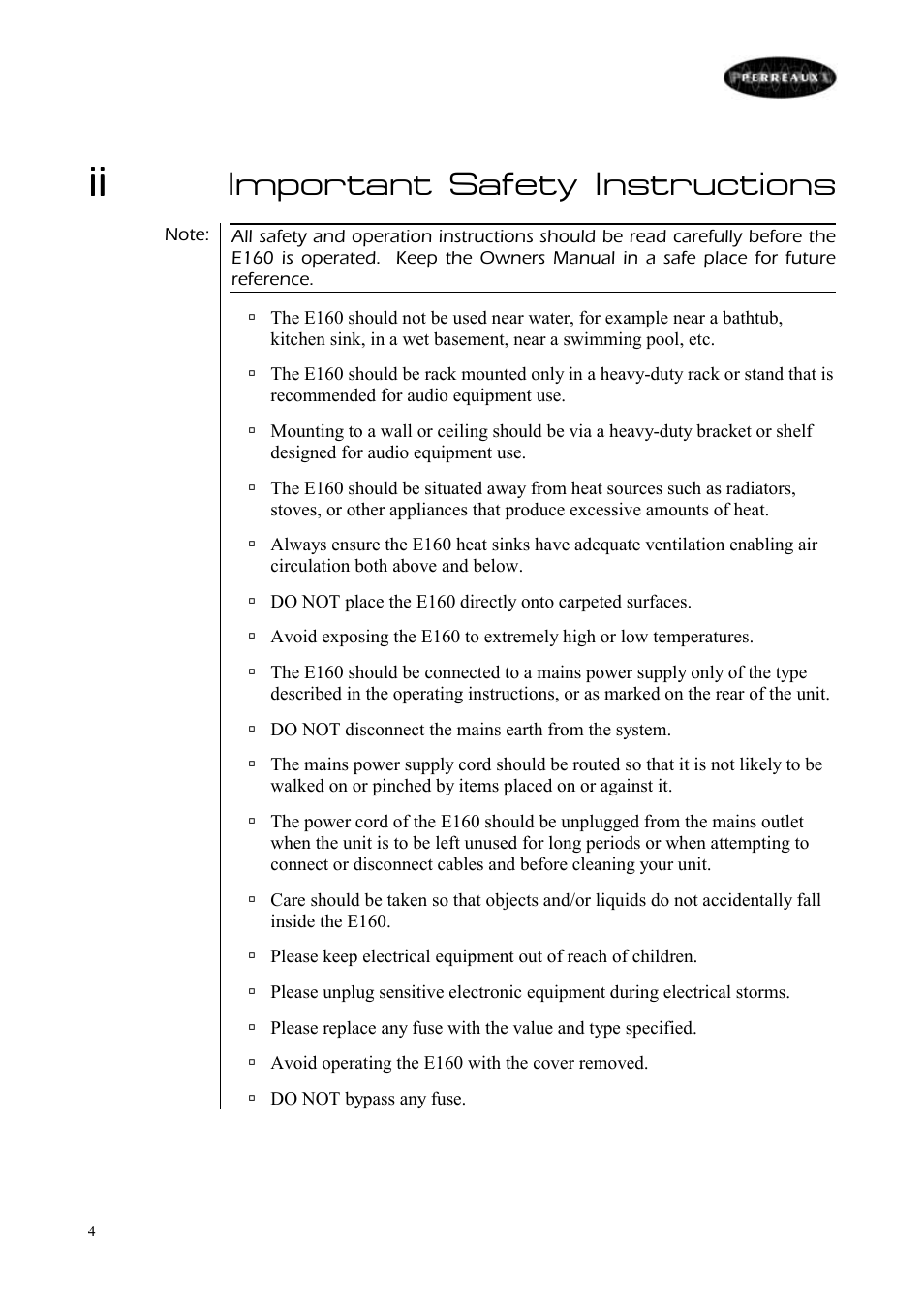Important safety instructions | Perreaux E160 User Manual | Page 5 / 38