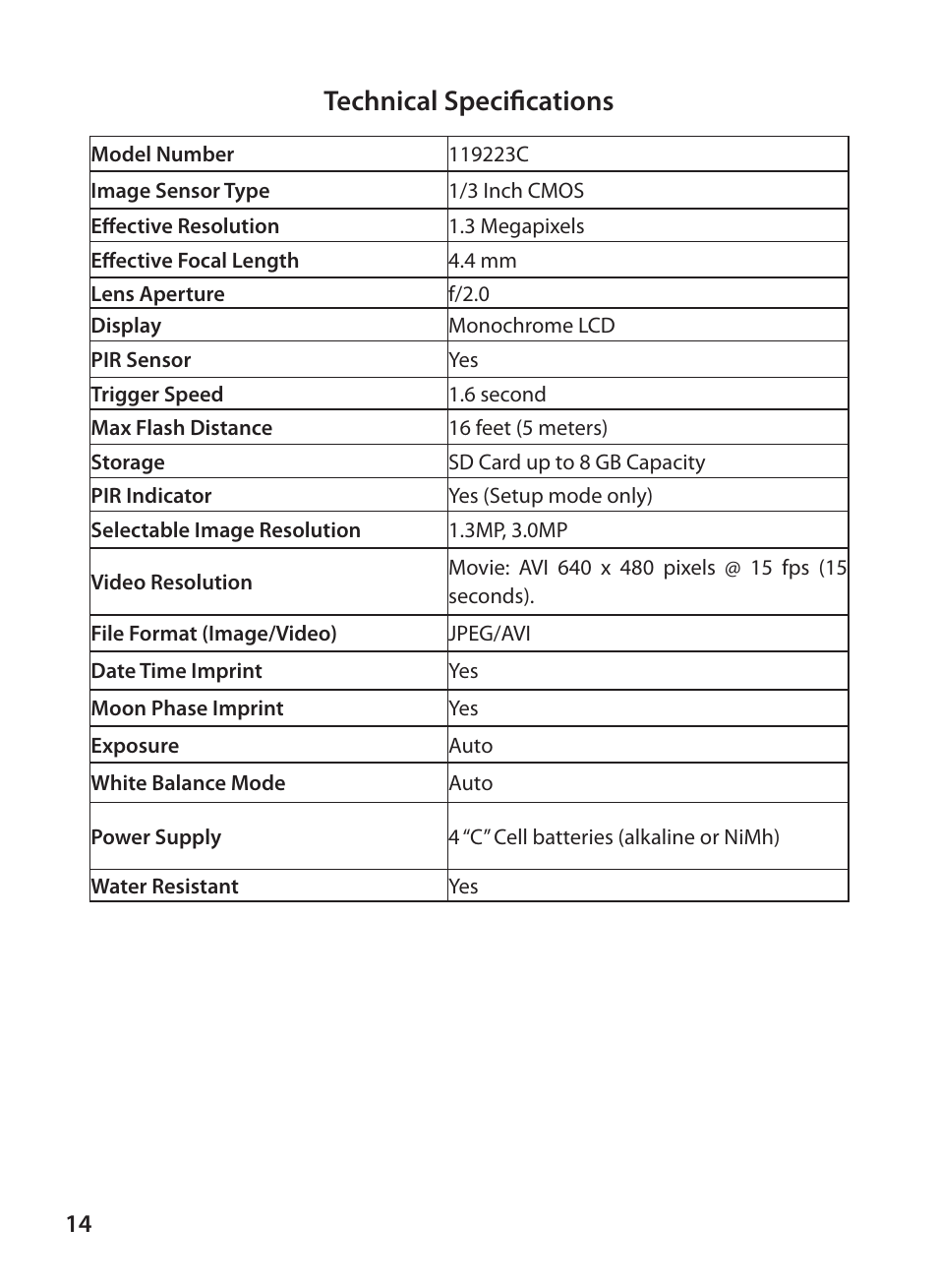 Technical specifications | Tasco Digital Trail Camera 119223C User Manual | Page 14 / 20