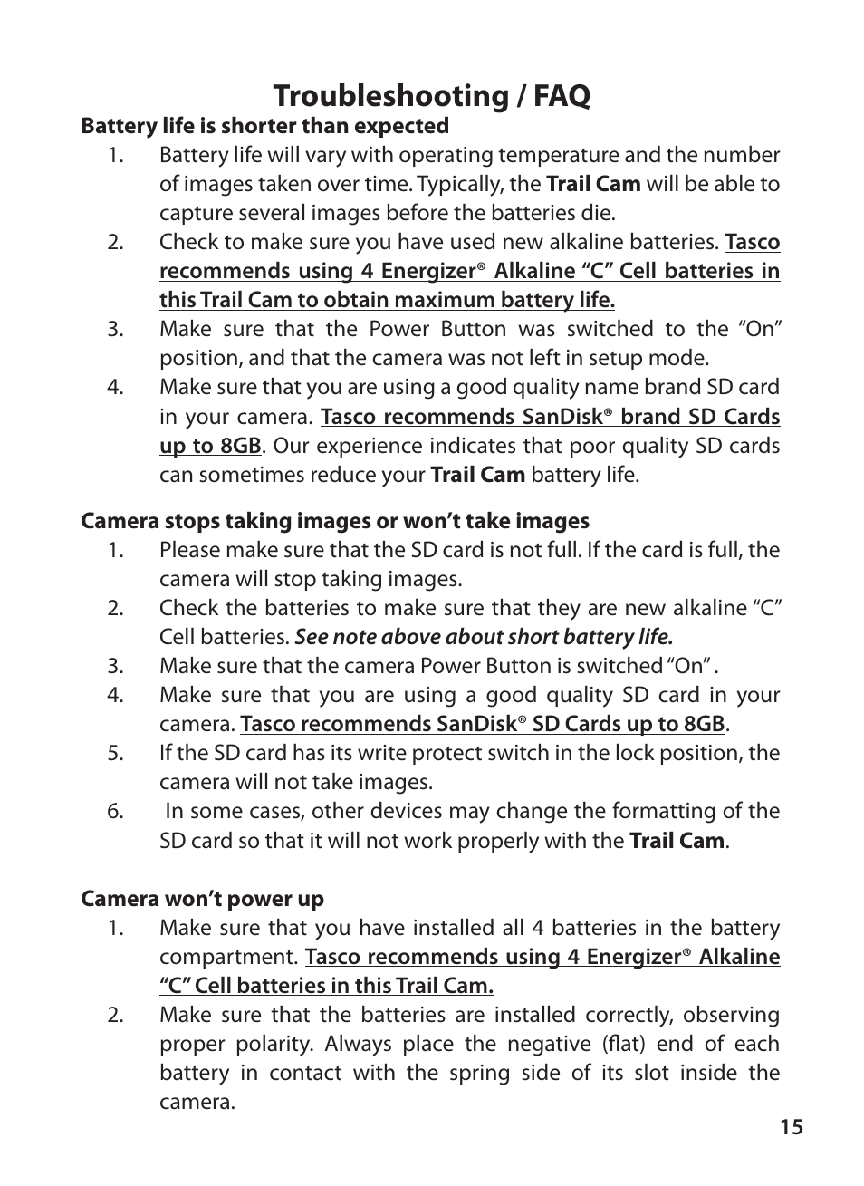 Troubleshooting / faq | Tasco Digital Trail Camera 119223C User Manual | Page 15 / 20