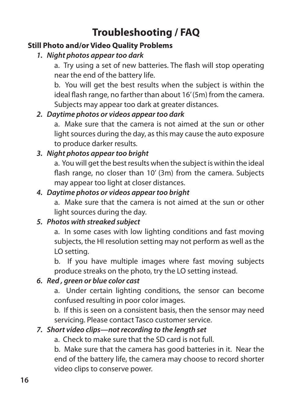 Troubleshooting / faq | Tasco Digital Trail Camera 119223C User Manual | Page 16 / 20