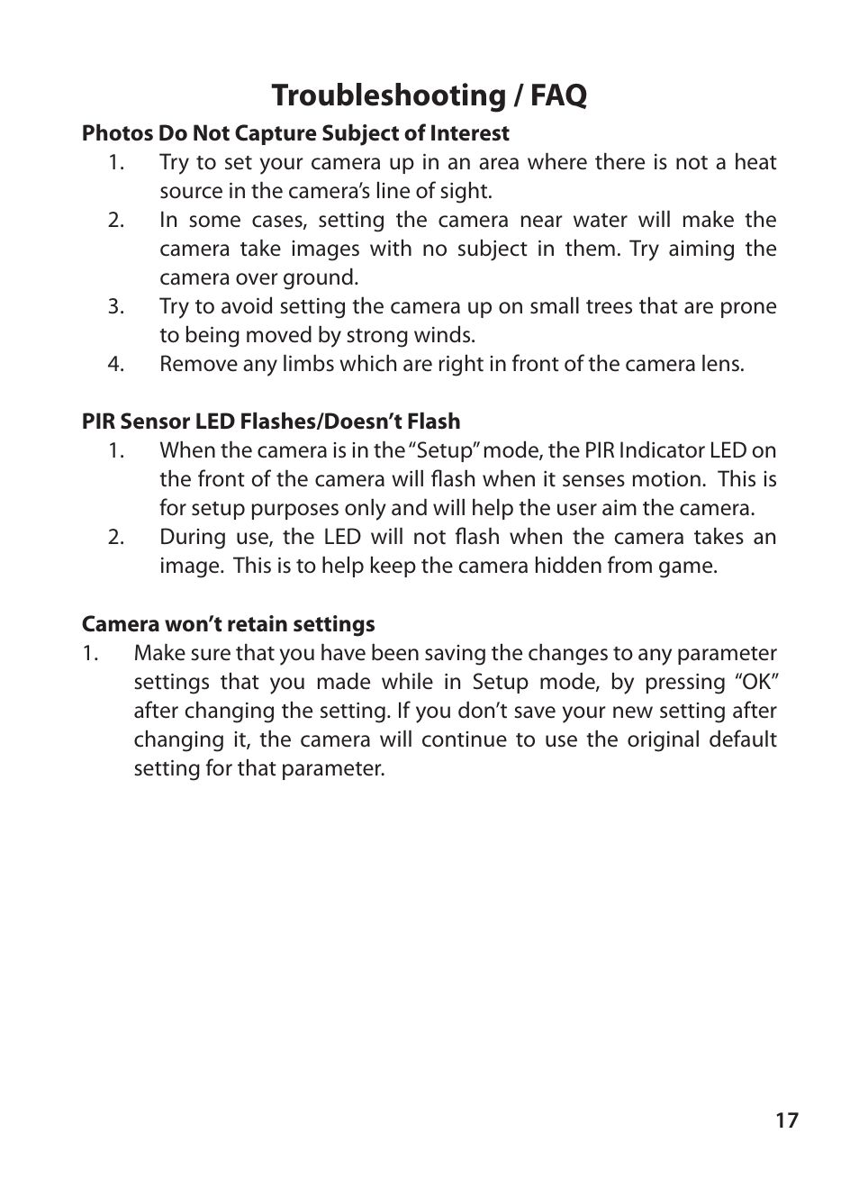 Troubleshooting / faq | Tasco Digital Trail Camera 119223C User Manual | Page 17 / 20