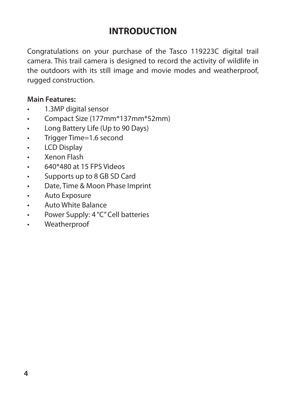 Introduction | Tasco Digital Trail Camera 119223C User Manual | Page 4 / 20