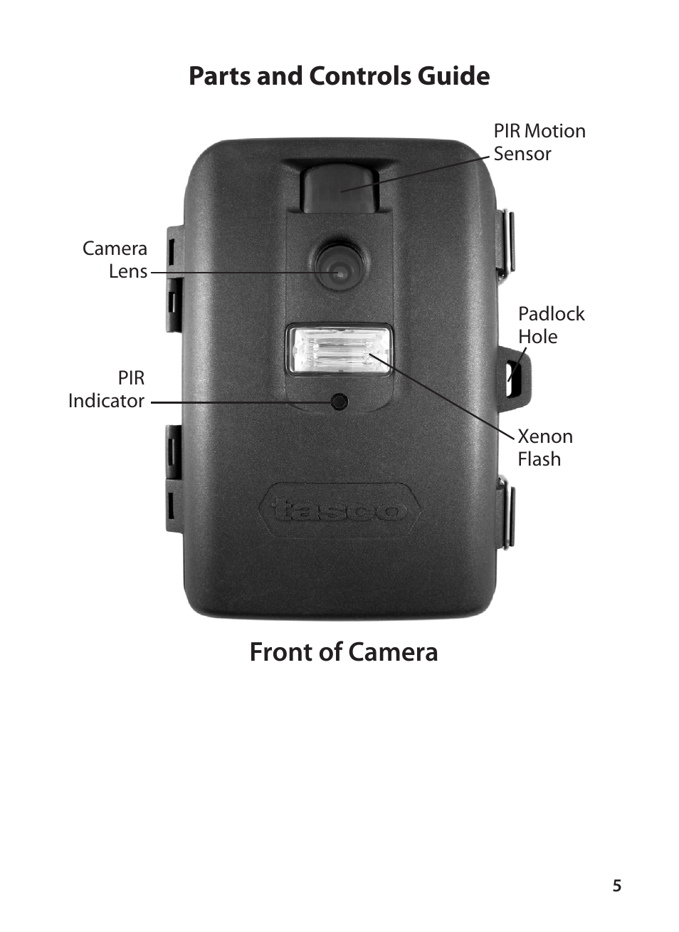 Parts and controls guide front of camera | Tasco Digital Trail Camera 119223C User Manual | Page 5 / 20
