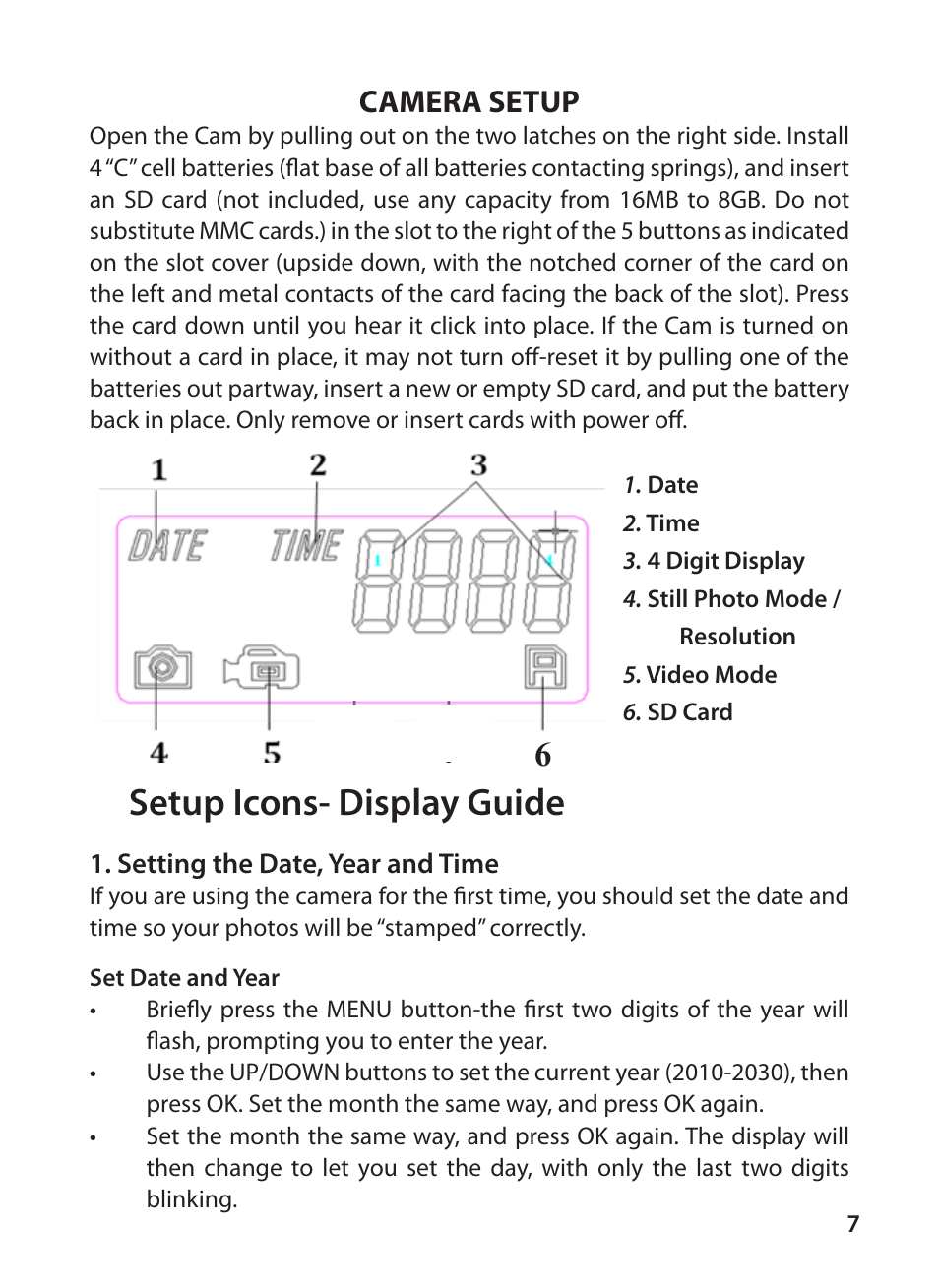 Setup icons- display guide, Camera setup | Tasco Digital Trail Camera 119223C User Manual | Page 7 / 20