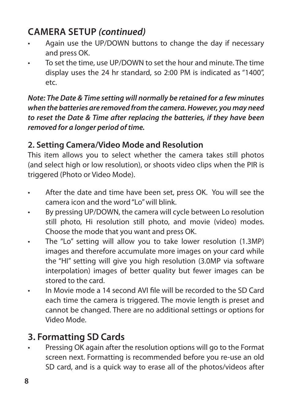 Formatting sd cards, Camera setup (continued) | Tasco Digital Trail Camera 119223C User Manual | Page 8 / 20