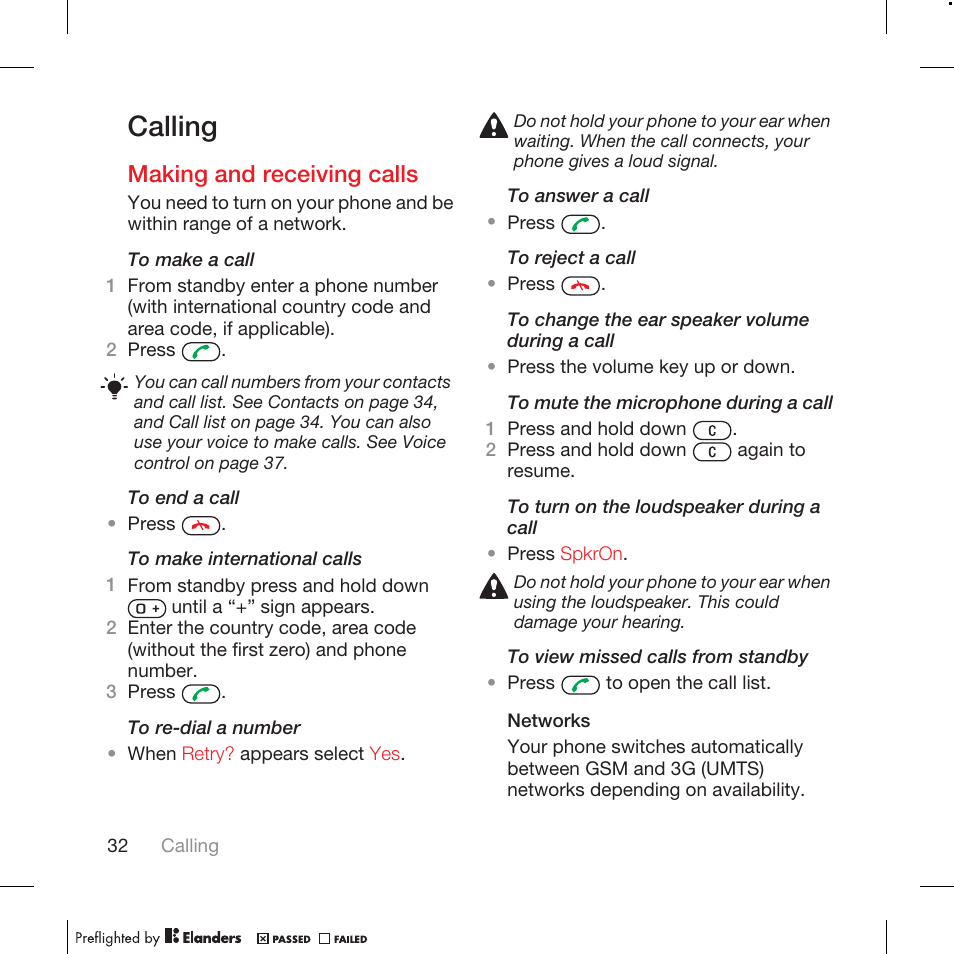 Calling, Making and receiving calls | Tannoy WALKMAN W715 User Manual | Page 32 / 88