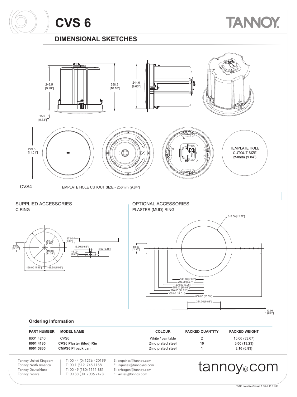 Cvs 6, Dimensional sketches, Cvs4 | Supplied accessories, Optional accessories, Ordering information | Tannoy CVS6 User Manual | Page 6 / 8