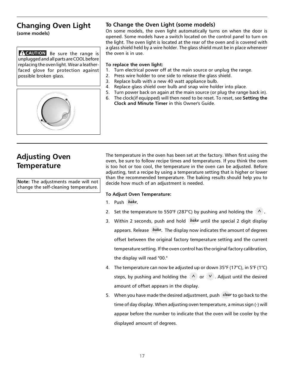Changing oven light, Adjusting oven temperature, Changing oven light adjusting oven temperature | Tappan Millennia 316000182 User Manual | Page 17 / 20
