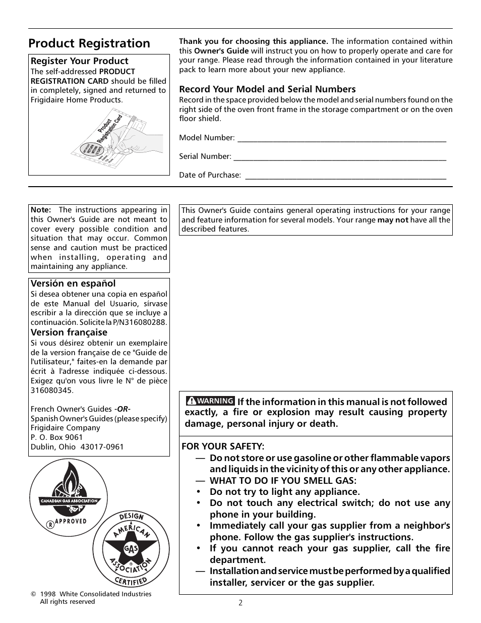 Product registration | Tappan Millennia 316000182 User Manual | Page 2 / 20