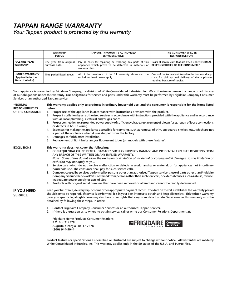 Tappan range warranty, Your tappan product is protected by this warranty | Tappan Millennia 316000182 User Manual | Page 20 / 20