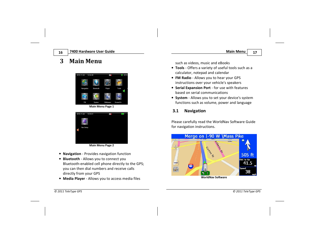 3 main menu | TeleType Company WORLDNAV 7400 User Manual | Page 16 / 16
