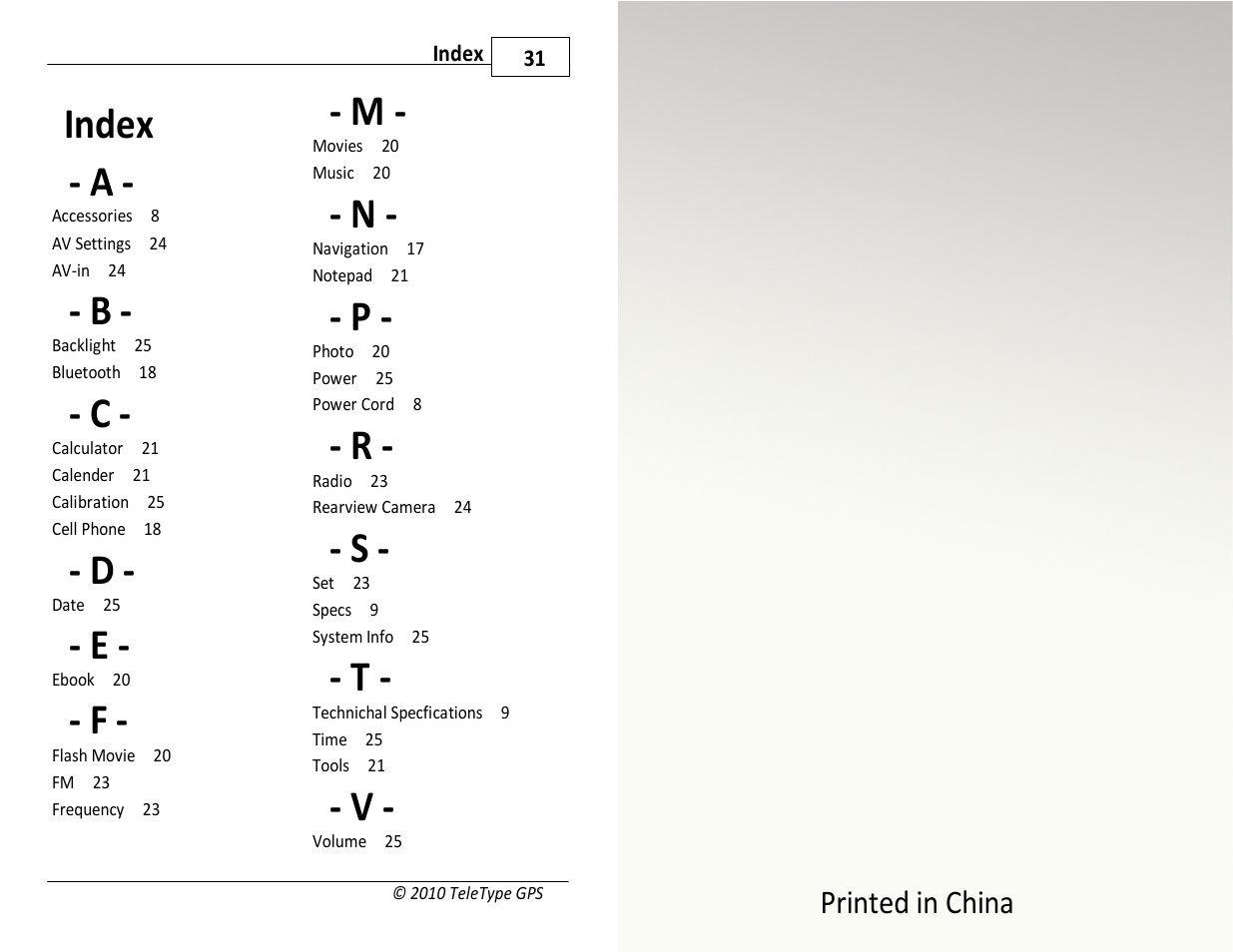 Index - a, Printed in china | TeleType Company WORLDNAV 7300 User Manual | Page 16 / 16