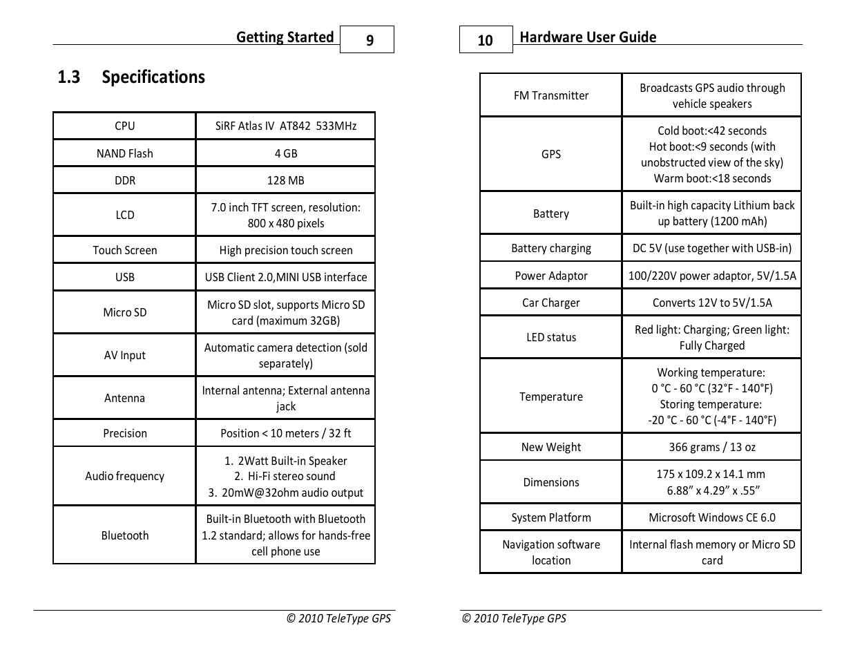 3 specifications, 9getting started, Hardware user guide 10 | TeleType Company WORLDNAV 7300 User Manual | Page 5 / 16