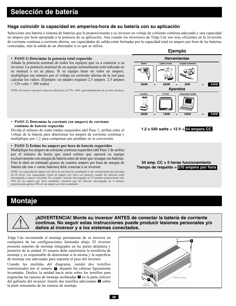 Selección de batería, Montaje, Ejemplo | Tripp Lite PV700HF User Manual | Page 10 / 20