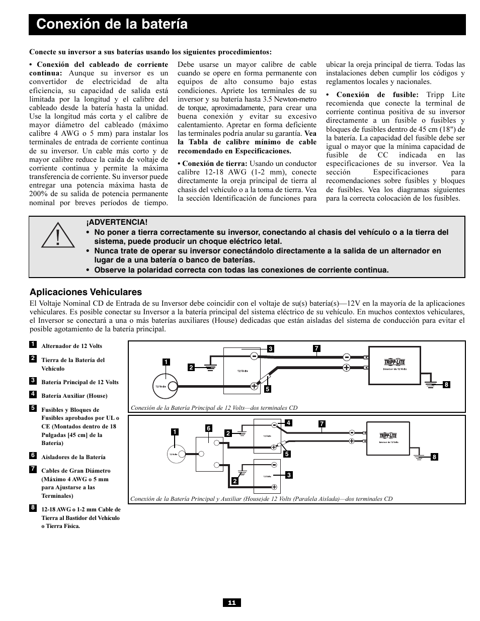 Conexión de la batería, Aplicaciones vehiculares | Tripp Lite PV700HF User Manual | Page 11 / 20