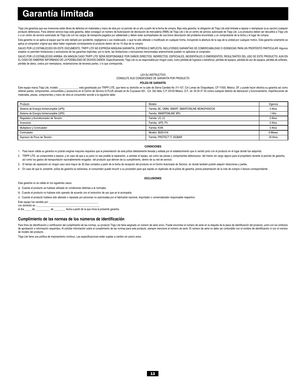 Garantía limitada | Tripp Lite PV700HF User Manual | Page 13 / 20