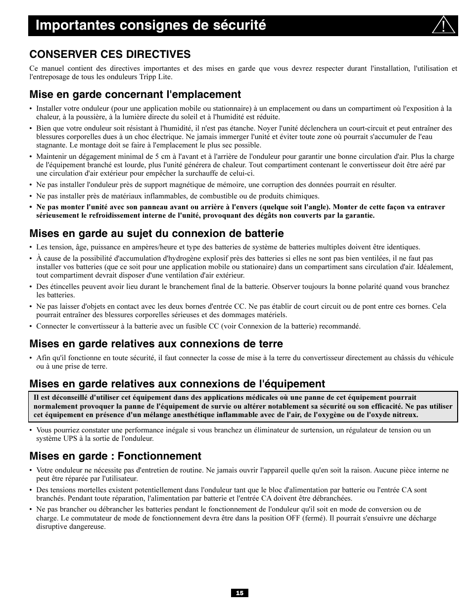 Importantes consignes de sécurité, Conserver ces directives, Mise en garde concernant l'emplacement | Mises en garde au sujet du connexion de batterie, Mises en garde relatives aux connexions de terre, Mises en garde : fonctionnement | Tripp Lite PV700HF User Manual | Page 15 / 20