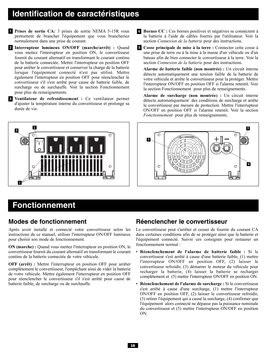 Identification de caractéristiques, Fonctionnement, Modes de fonctionnement | Réenclencher le convertisseur | Tripp Lite PV700HF User Manual | Page 16 / 20