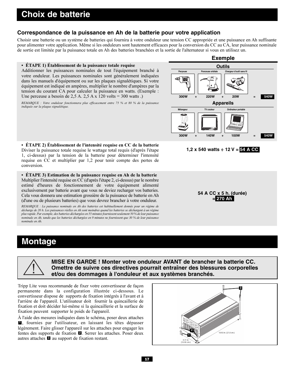 Choix de batterie, Montage, Exemple | Tripp Lite PV700HF User Manual | Page 17 / 20