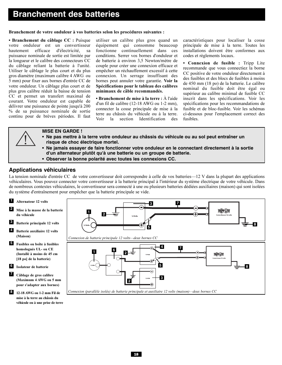 Branchement des batteries, Applications véhiculaires | Tripp Lite PV700HF User Manual | Page 18 / 20