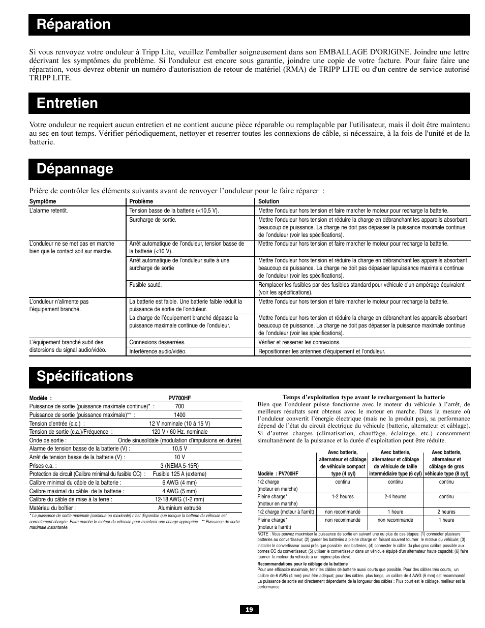 Réparation, Entretien dépannage, Spécifications | Tripp Lite PV700HF User Manual | Page 19 / 20