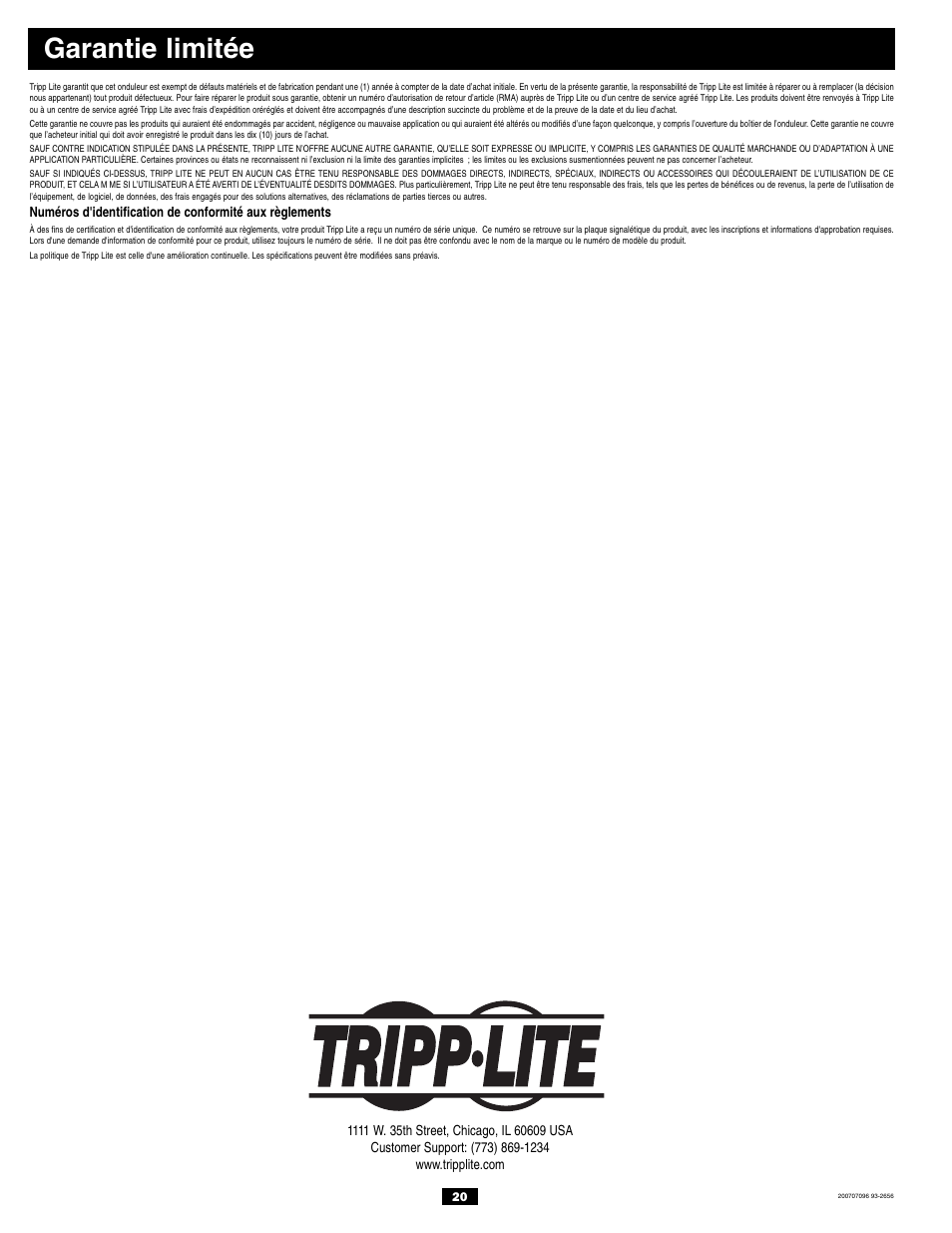 Garantie limitée | Tripp Lite PV700HF User Manual | Page 20 / 20